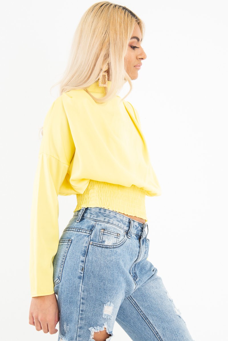 Yellow Satin Shoulder Pad Shirred Waist Blouse - Farida-Blouse