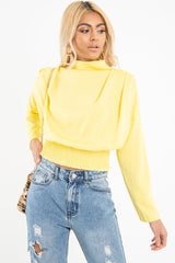 Yellow Satin Shoulder Pad Shirred Waist Blouse - Farida-Blouse