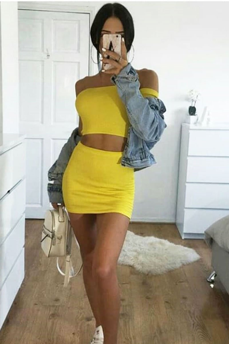 Yellow Shirred Bodycon Mini Skirt - Kylia-Skirts
