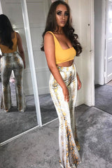 Yellow Snake Print High Waisted Flared Trousers - Kamryn-Trousers
