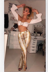 Yellow Snake Print High Waisted Flared Trousers - Kamryn-Trousers