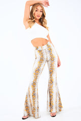 Yellow Snake Print High Waisted Flared Trousers - Kamryn-Trousers