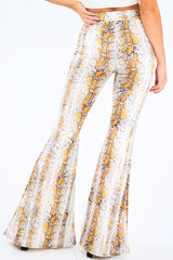 Yellow Snake Print High Waisted Flared Trousers - Kamryn-Trousers