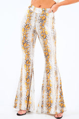 Yellow Snake Print High Waisted Flared Trousers - Kamryn-Trousers