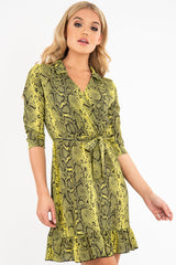 Yellow Snake Print Wrap Tie Front Skater Dress - Eldana-Dresses