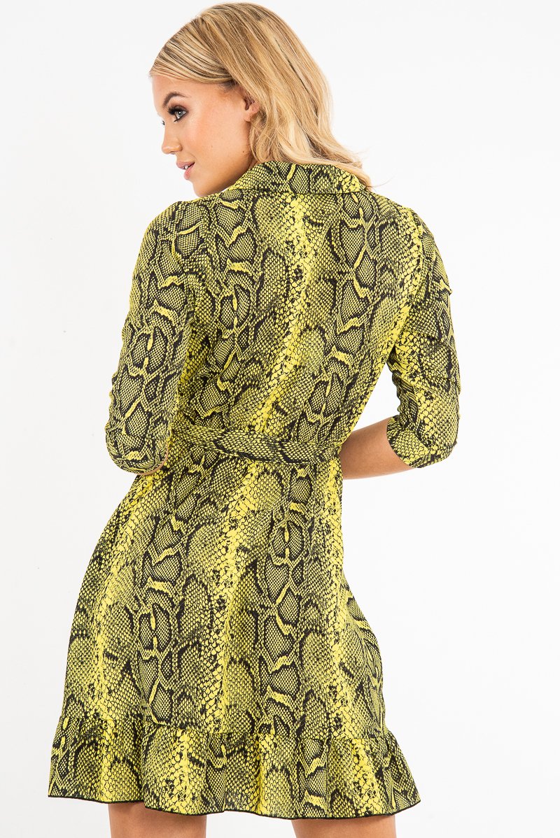 Yellow Snake Print Wrap Tie Front Skater Dress - Eldana-Dresses