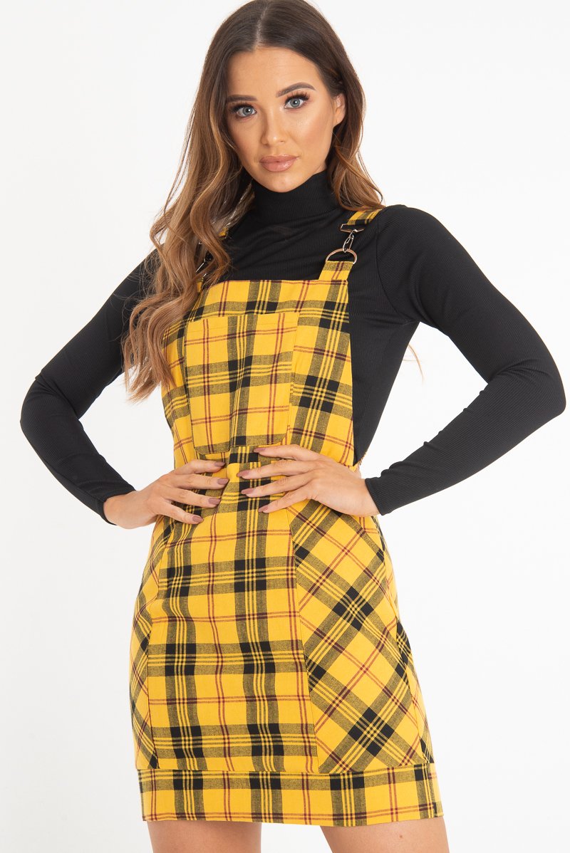 Yellow Tartan Check Pinafore Mini Dress - Ruby-Dresses