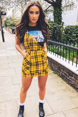 Yellow Tartan Check Pinafore Mini Dress - Ruby-Dresses