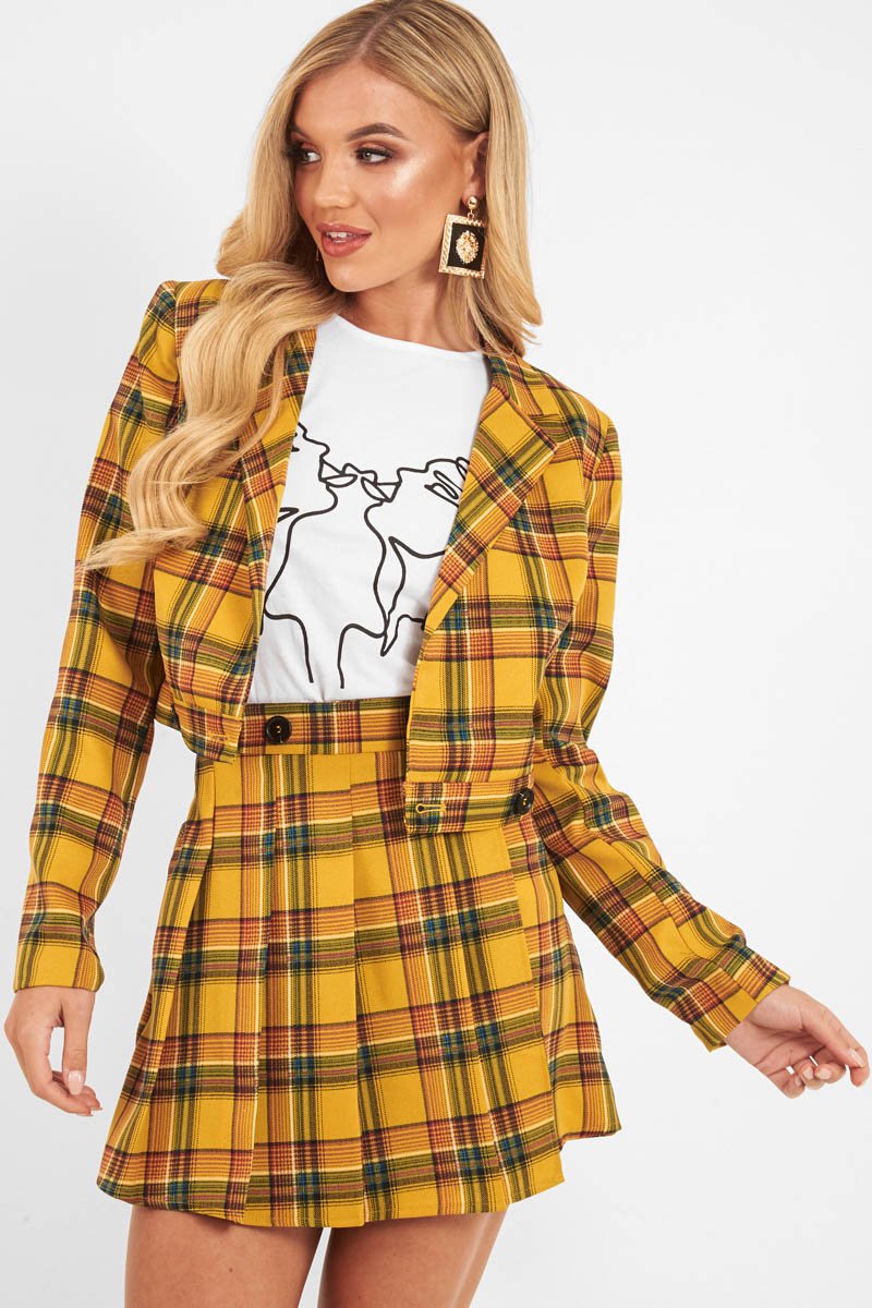 Yellow Tartan Crop Blazer Pleated Skirt Co-Ord - Holly-Co-ords
