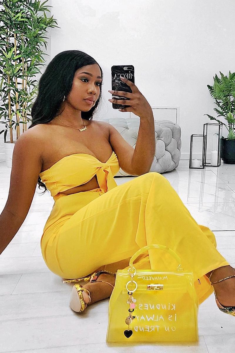 Yellow Tie Front Bandeau Wide Leg Trouser Co-Ord - Roselia-Co-ords