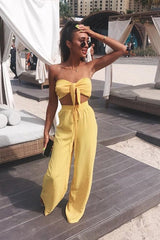 Yellow Tie Front Bandeau Wide Leg Trouser Co-Ord - Roselia-Co-ords