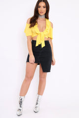 Yellow Tie Front Cold Shoulder Crepe Crop Top - Dalia-Crop Tops