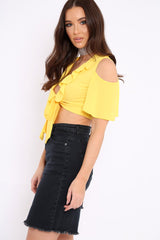 Yellow Tie Front Cold Shoulder Crepe Crop Top - Dalia-Crop Tops