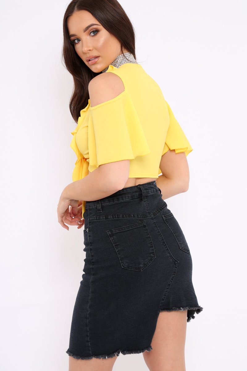 Yellow Tie Front Cold Shoulder Crepe Crop Top - Dalia-Crop Tops