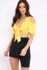 Yellow Tie Front Cold Shoulder Crepe Crop Top - Dalia-Crop Tops