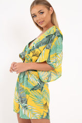Yellow Tropical Kimono Sleeve Playsuit - Suzy-Playsuits