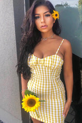 Yellow White Check Sleeveless Shirred Cup Midi Dress - Suzi-Dresses