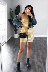 Yellow White Check Sleeveless Shirred Cup Midi Dress - Suzi-Dresses