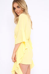 Yellow Wrap Front Flare Sleeve Playsuit - Emoni-Playsuits