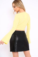 Yellow Wrap Over Tie Front Flare Sleeves Crop Top - Rabab-Tops