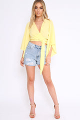 Yellow Wrap Tie Crop Blouse - Kay-Tops