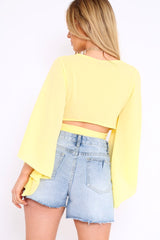Yellow Wrap Tie Crop Blouse - Kay-Tops