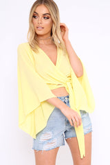 Yellow Wrap Tie Crop Blouse - Kay-Tops
