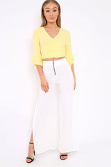 Yellow Wrap Tie Frill Flare Cuff Summer Crop Top - Isaac-Tops
