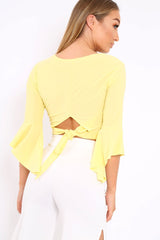 Yellow Wrap Tie Frill Flare Cuff Summer Crop Top - Isaac-Tops