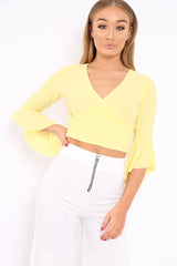 Yellow Wrap Tie Frill Flare Cuff Summer Crop Top - Isaac-Tops