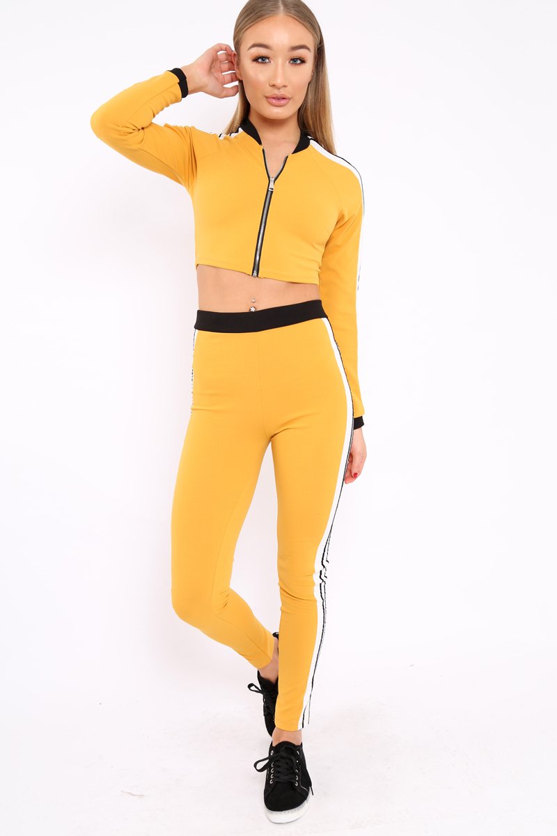 Yellow Zip Front Tracksuit with White Side Stripes - Kitty-Co-ords