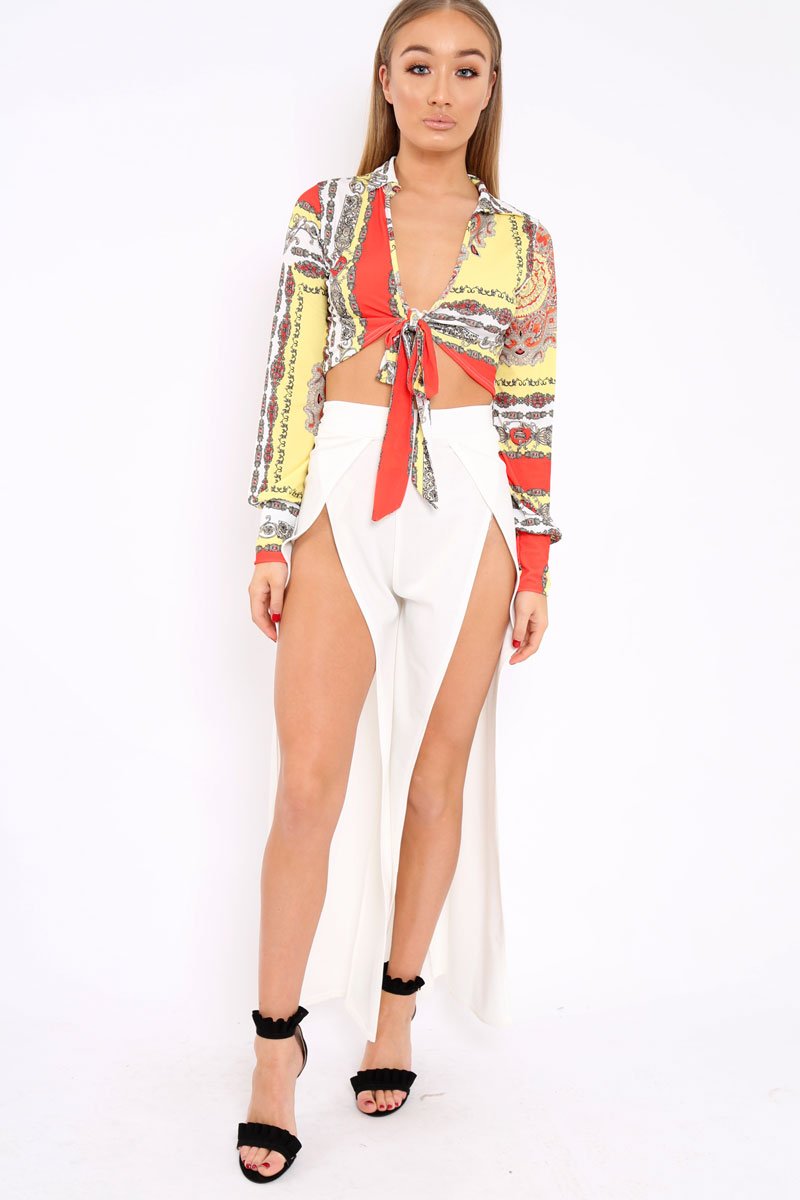 Yellow and Orange Slinky Tie Front Plunge Crop Top - Catie-Crop Tops