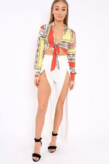 Yellow and Orange Slinky Tie Front Plunge Crop Top - Catie-Crop Tops