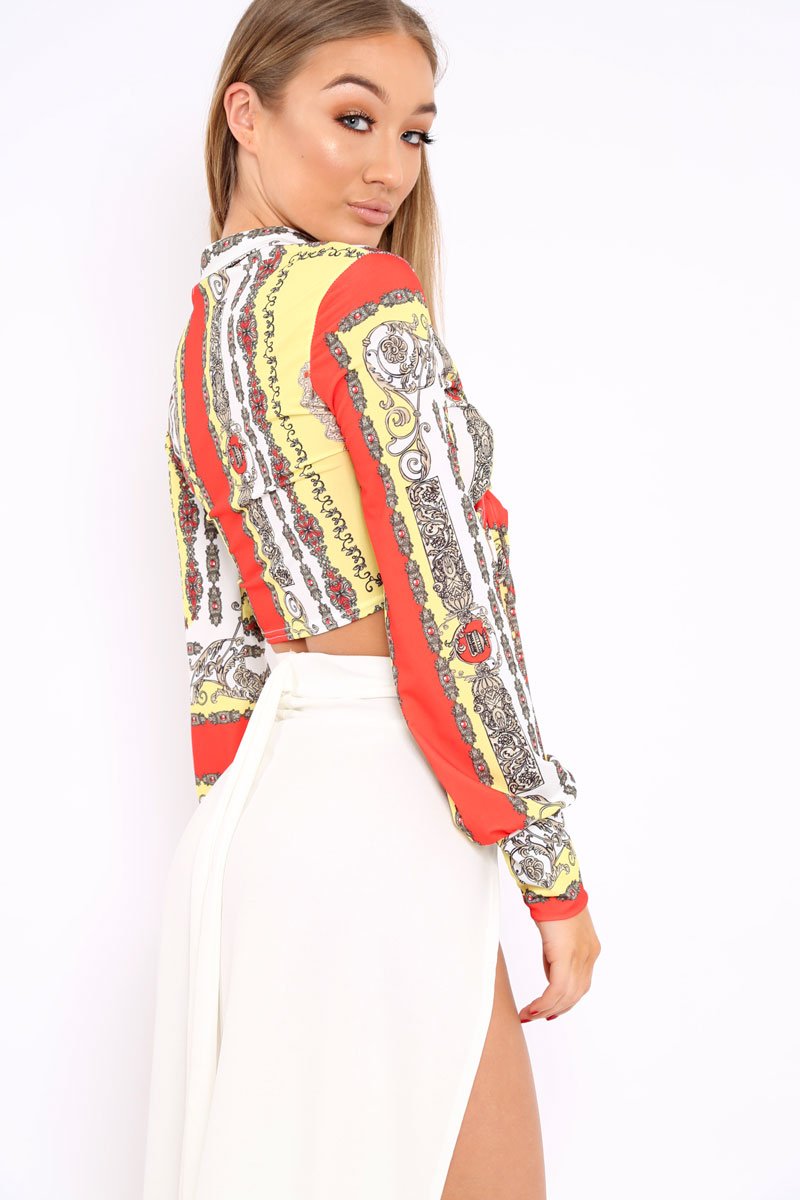 Yellow and Orange Slinky Tie Front Plunge Crop Top - Catie-Crop Tops