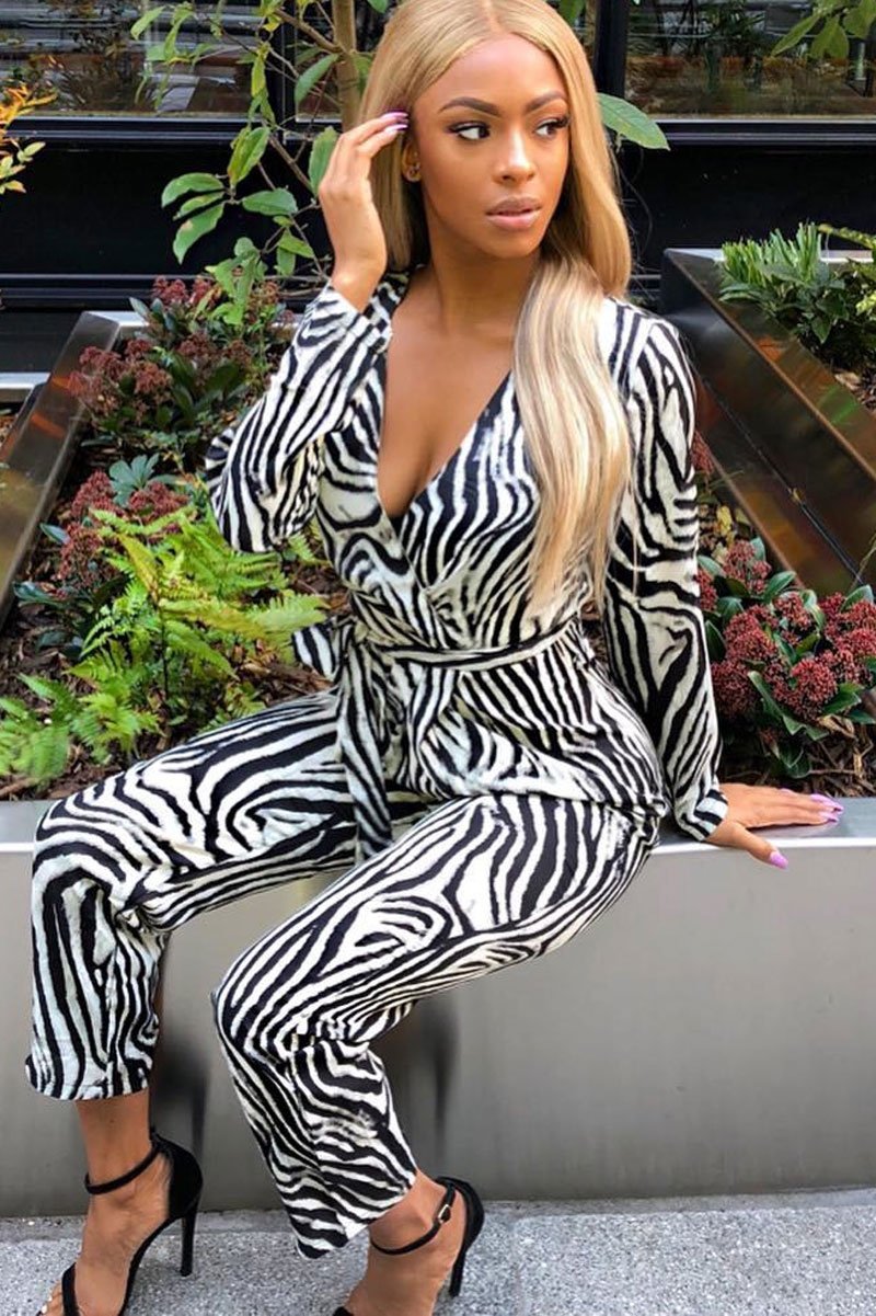 Zebra Plunge Tie Waist Jumpsuit - Ellajane-Jumpsuits
