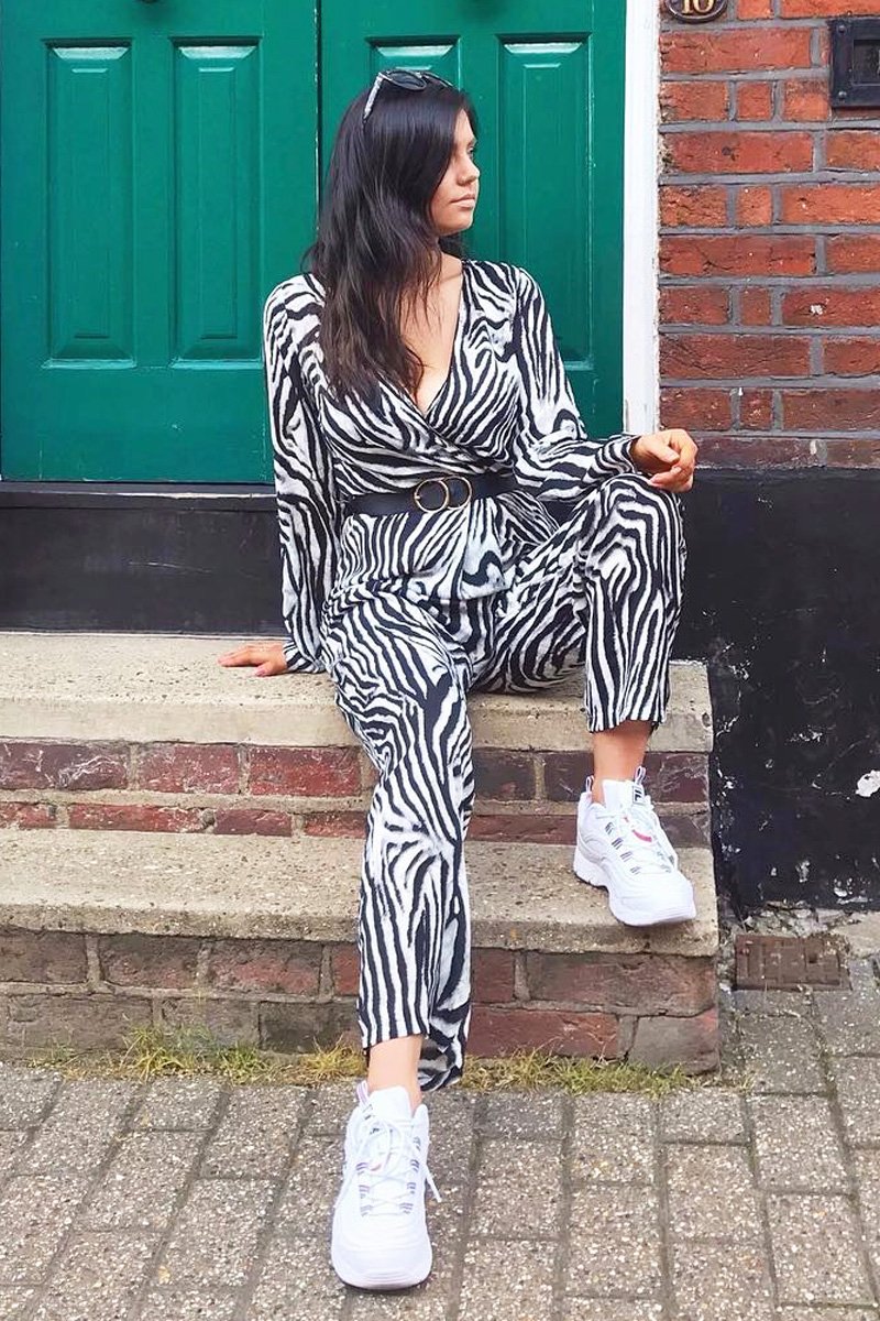 Zebra Plunge Tie Waist Jumpsuit - Ellajane-Jumpsuits