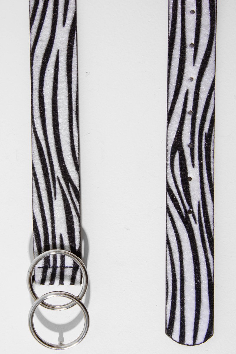 Zebra Print Faux Pony Hair Double Circle Buckle Belt - Tansy-Belts