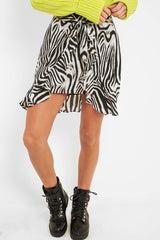 Zebra Print Frill Tie Front Mini Skirt - Daizee-Skirts