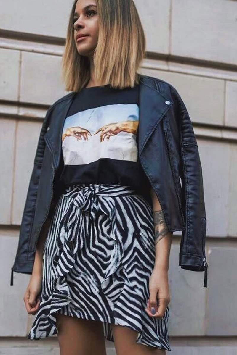 Zebra Print Frill Tie Front Mini Skirt - Daizee-Skirts