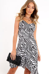 Zebra Print Satin Asymmetric Ruffle Hem Dress - Roselena-Dresses