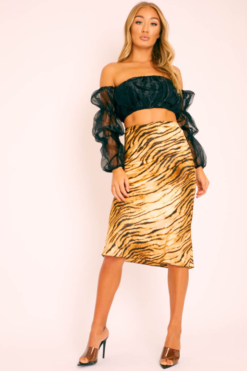 Zebra Satin High Waist Floaty Midi Skirt - Dasha-Skirts
