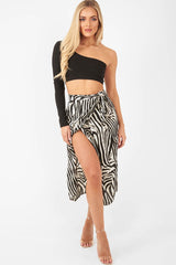 Zebra Wrap Tie Side Satin Midi Skirt - Mailah-Skirts