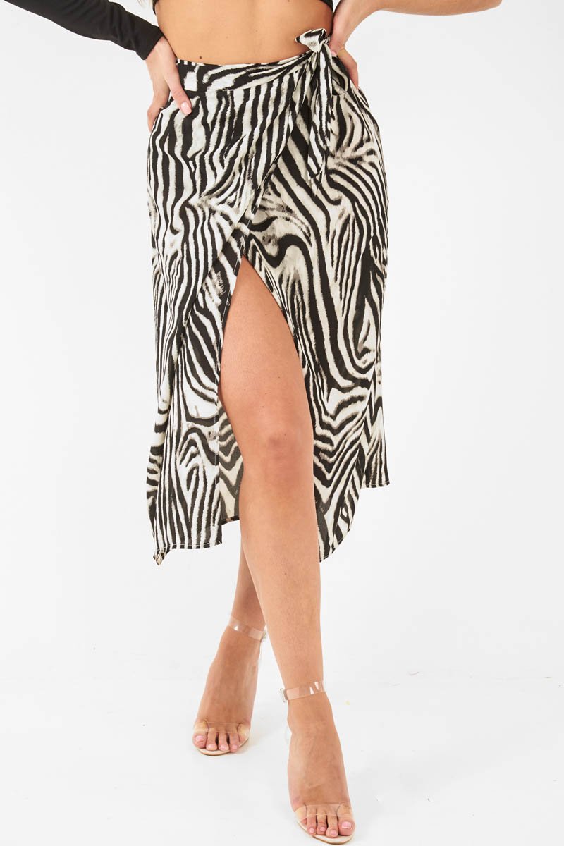 Zebra Wrap Tie Side Satin Midi Skirt - Mailah-Skirts
