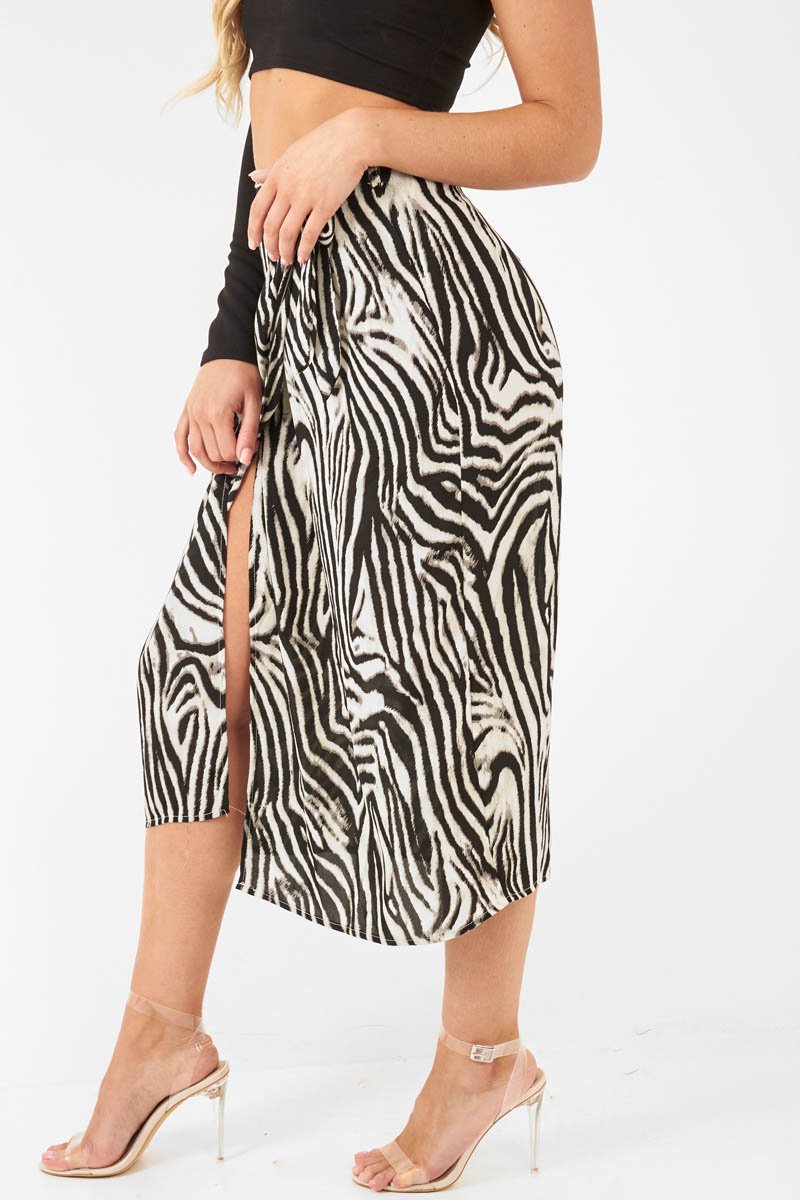 Zebra Wrap Tie Side Satin Midi Skirt - Mailah-Skirts