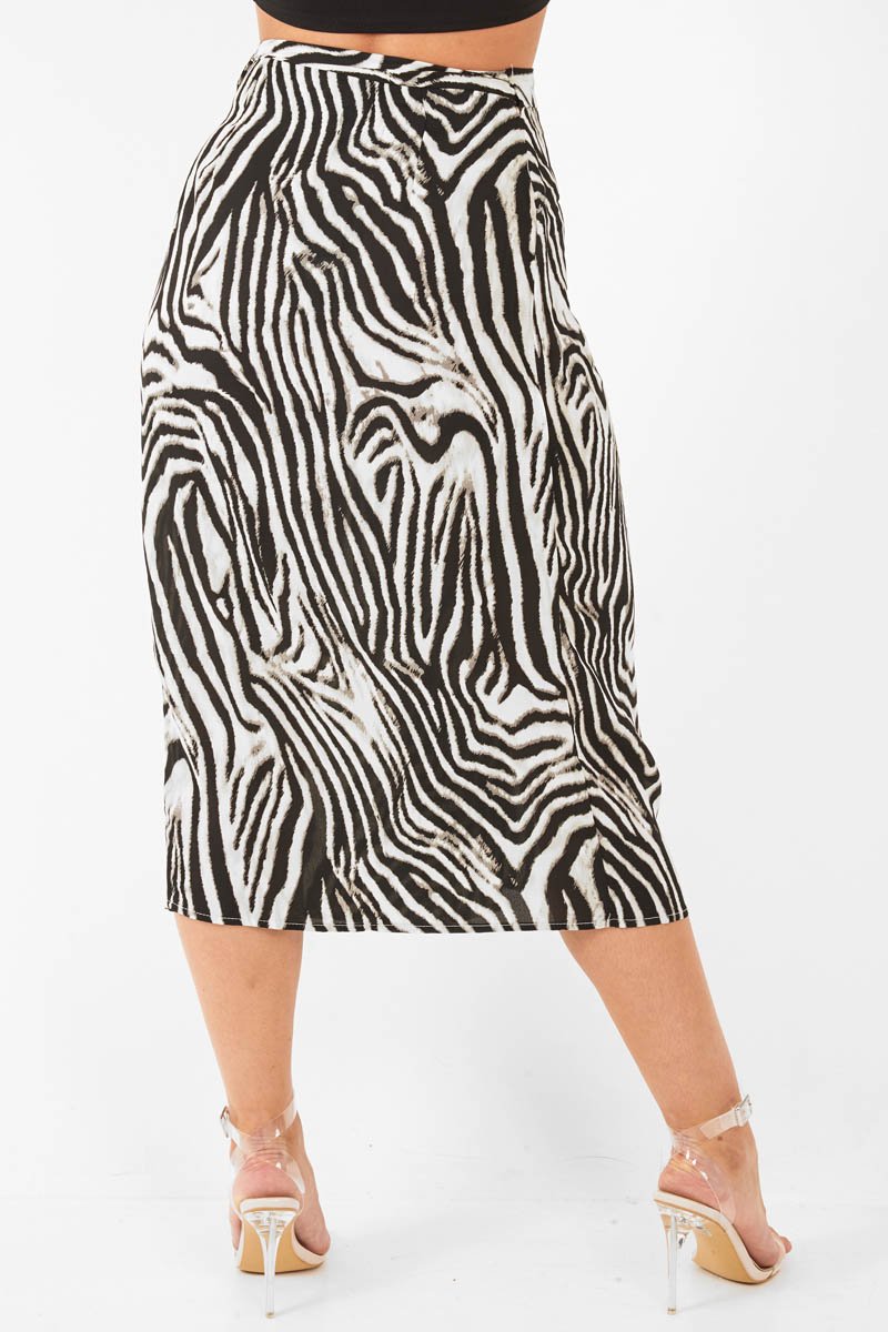 Zebra Wrap Tie Side Satin Midi Skirt - Mailah-Skirts