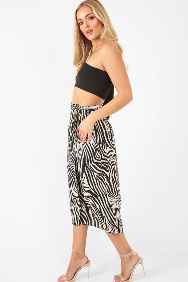 Zebra Wrap Tie Side Satin Midi Skirt - Mailah-Skirts