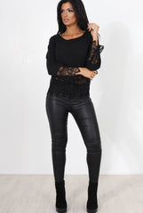 Zerin Black Crochet Long Sleeve Top-Tops