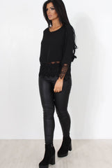 Zerin Black Crochet Long Sleeve Top-Tops