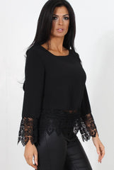Zerin Black Crochet Long Sleeve Top-Tops