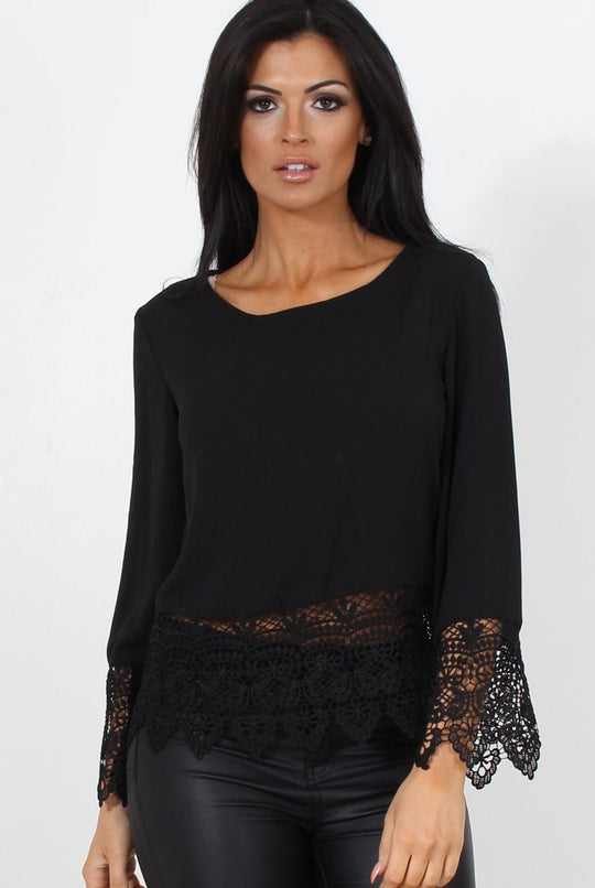 Zerin Black Crochet Long Sleeve Top